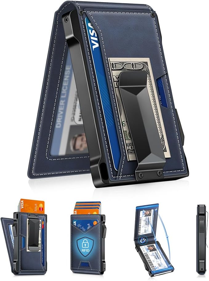 Wallet for Men RFID Wallet with 2 ID Windows & Money Clip, Slim Pop Up Card Holder for 10-12 Cards, Bifold Minimalist Smart Wallet for Front Pocket, Compact Metal Credit Card Holder, Gifts for Men