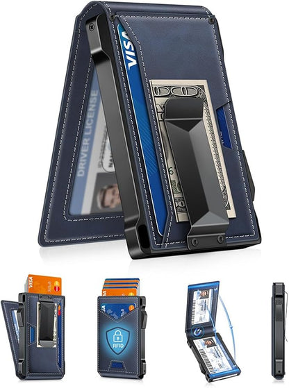 Wallet for Men RFID Wallet with 2 ID Windows & Money Clip, Slim Pop Up Card Holder for 10-12 Cards, Bifold Minimalist Smart Wallet for Front Pocket, Compact Metal Credit Card Holder, Gifts for Men