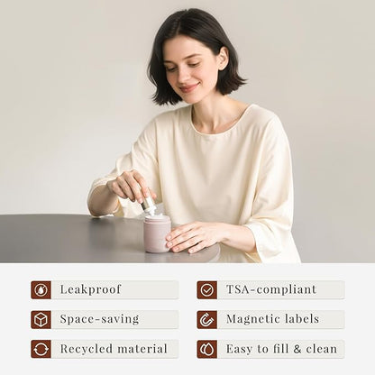 New Travel Toiletry Containers [Ultra Leakproof] TSA-Approved, PLA Hard Shell Jars with 5 Magnetic Labels, Wide Mouth Bottles for Lotion, Cleanser, Shampoo, Conditioner, Pink, 3 Pack, 2OZ