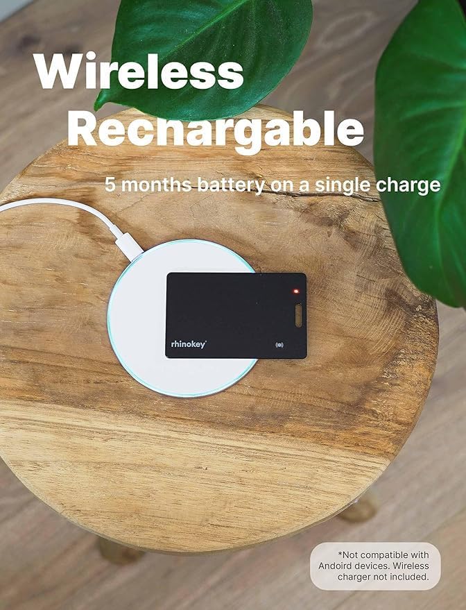 Rhinokey® Wallet Tracker Card (iOS Only) - Slim Rechargeable 1.8mm Thin Tracker, Airtag Wallet IP68 Waterproof, Apple Find My Luggage Tags, Item Finder with Key Chain Hole