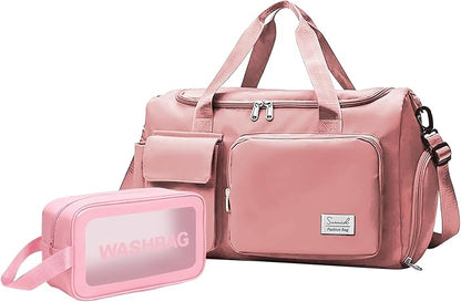 Gym Bag for Women Men, Travel Duffle Bag Large Capacity Carry On Weekender Bag With Shoe Compartment Gym Tote Dry Wet Separation Duffel Bag with Makeup Bag, Pink