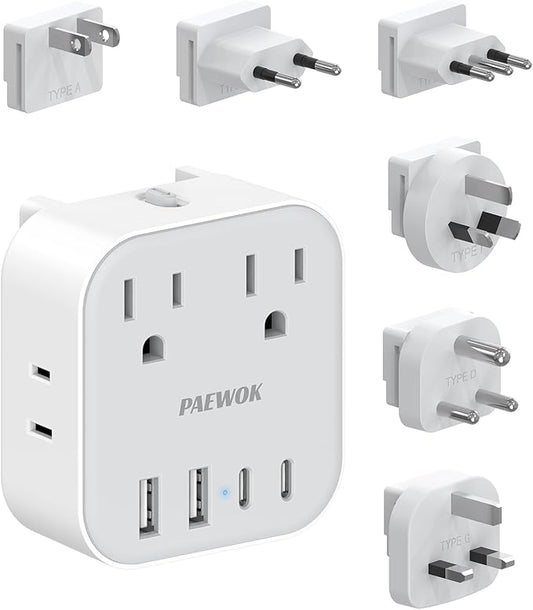 European Travel Plug Adapter Set, 8-in-1 Travel Adapter with 4 AC, 4 USB Ports (2 USB C), US to UK/EU Universal Travel Adapter, International Power Adapter with Type C/G/D/L/A/I Detachable Plugs
