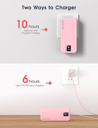 Portable Charger, 20000mAh 22.5W Fast Charging Power Bank with Built-in Cables & Wall Plug, Travel Essentials Battery Pack with LED Display, USB C External Battery Bank for iPhone iPad, Samsung Pink