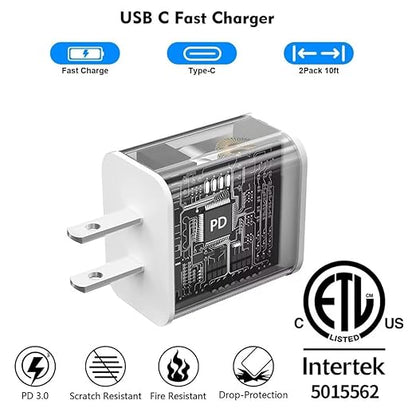 Fast Charger iPhone [Apple MFi Certified],2 Pack USB C Rapid Charger Block with 2Pcs 10FT Extra Long Apple USB C to Lightning Cable Fast Charging for iPhone 14/14 Pro/13Pro Max/12/11Pro/Mini/XR/8/iPad