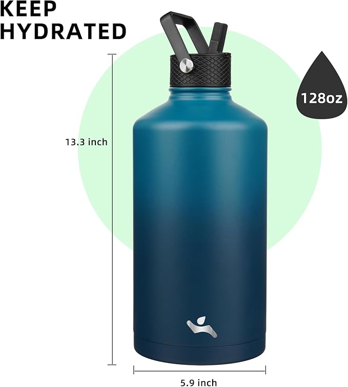 Gallon Insulated Water Bottle with Straw,128 oz 3 Lids Water Jug with Carrying Bag,Paracord Handle, Double Wall Vacuum Stainless Steel Metal Flask,Indigo Black