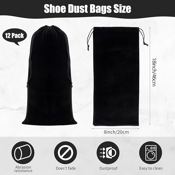 12 Pcs Shoe Bags for Travel Shoe Dust Bags Black Duster Flannel Pouch Washable Covers with Drawstring Breathable for Home Luggage, 8 x 18 Inch
