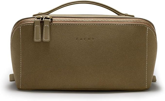 EACHY Travel Makeup Bag, Faux Suede Cosmetic Bags for Women,Large Capacity Portable Pouch Open Flat Toiletry Bag Make up Organizer with Divider and Handle