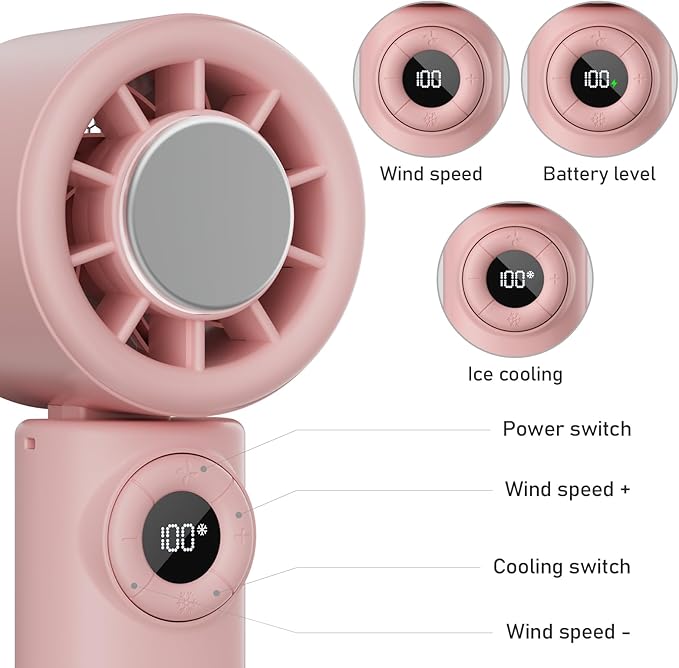 CIVPOWER Handheld Fan: Portable Small Ice Cooling Plate- 4000mAh Rechargeable 100 Gear High-Speed Turbo 10500 RPM - Personal Foldable Battery Operated for Travel Indoor Outdoor Women Men (Pink)
