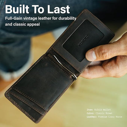 KORDIZ RFID Blocking Slim Bifold Wallet for Men – Premium Full-Grain Crazy Horse Leather Front Pocket Wallet with Money Clip, ID Window & Minimalist Design – Rustic Brown