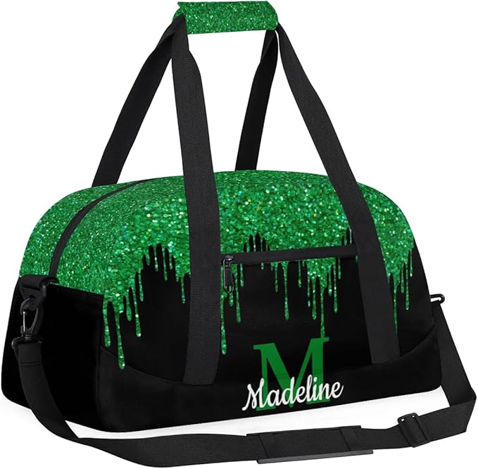 Personalized Kids Sports Duffel Bag with Name Custom Weekender Overnight Bag for Boys Girls Gym Bag Travel Dance Gymnastics Duffel Bag, Green Glitter
