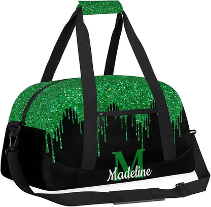 Personalized Kids Sports Duffel Bag with Name Custom Weekender Overnight Bag for Boys Girls Gym Bag Travel Dance Gymnastics Duffel Bag, Green Glitter