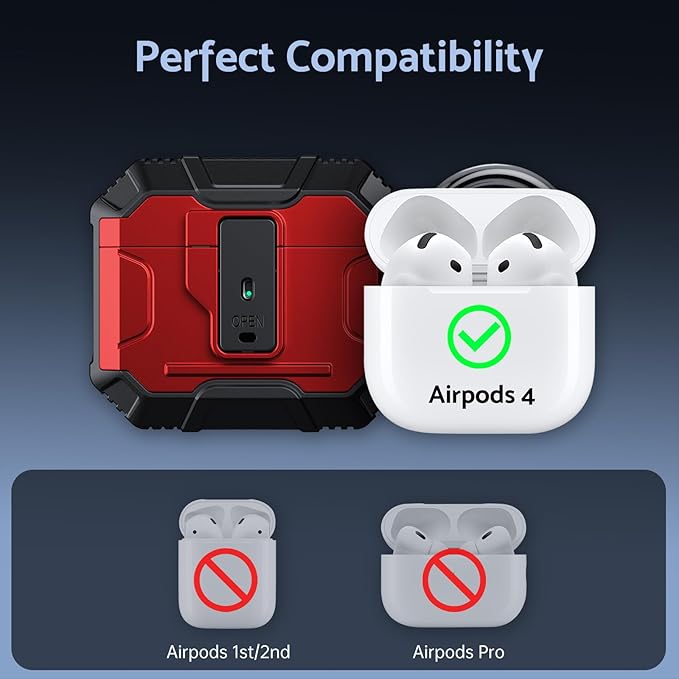 DASFOND Armor Earphone Cover Case for Airpods 4 Generation, Military Grade Full Body Shockproof Protection Hard Case, Support Wireless Charging with Keychain, Magnetic Lid, Front LED Visible, Red