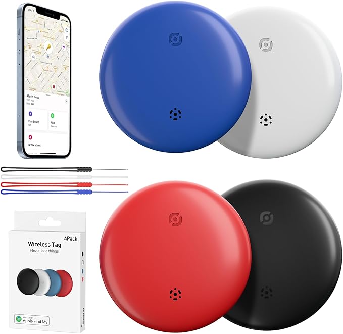 Air Tags Tracker 4 Pack:Bluetooth Item Finder Works with Apple Find My, iOS Only – Key Finder, Pet Tracker, Luggage Locator, Wallet & Backpack Tag – Replaceable Battery (Reef Accent Pack)