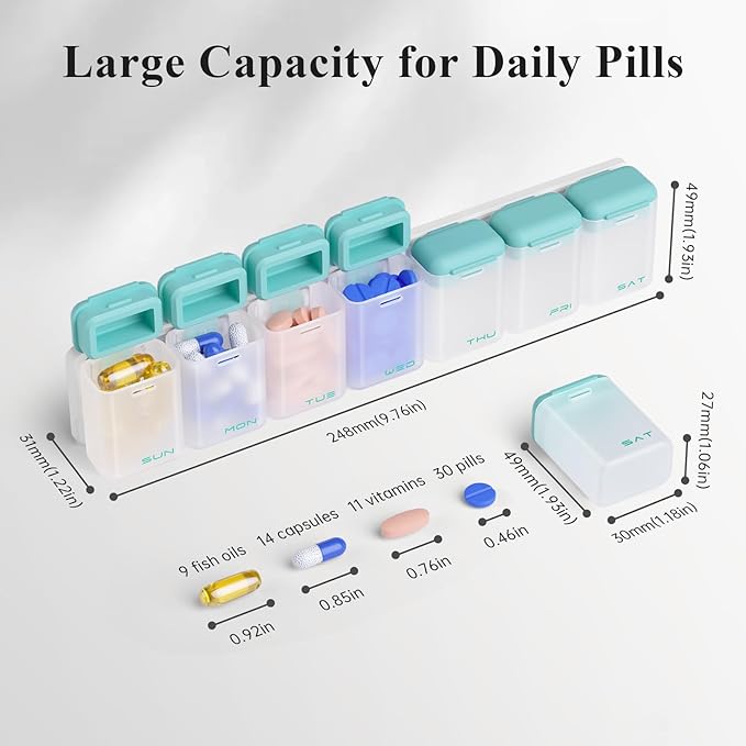 Weekly Pill Organizer Magnetic, Removable Pill Box 7 Day 1 Time a Day, Large Pill Case Travel, Week Once Daily Medication Dispenser, Medicine Container Holder for Supplement Vitamin, Cyan