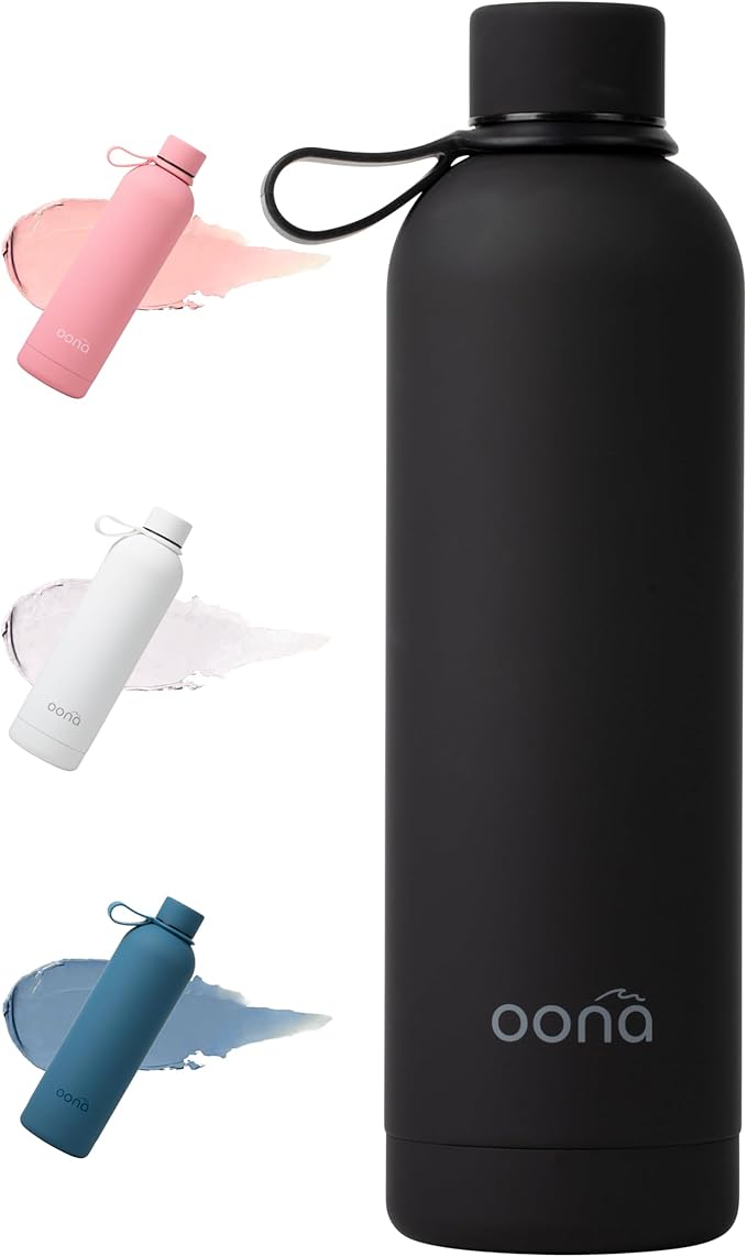 OONA Stainless Steel Water Bottle 25 oz, BPA-Free, Leak-Proof Insulated Water Bottle, Carrying Loop, Double Wall Vacuum Insulation, Keeps Drinks Hot or Cold for 12 Hours, Travel Friendly (Black)