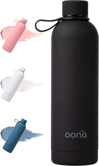 OONA Stainless Steel Water Bottle 25 oz, BPA-Free, Leak-Proof Insulated Water Bottle, Carrying Loop, Double Wall Vacuum Insulation, Keeps Drinks Hot or Cold for 12 Hours, Travel Friendly (Black)