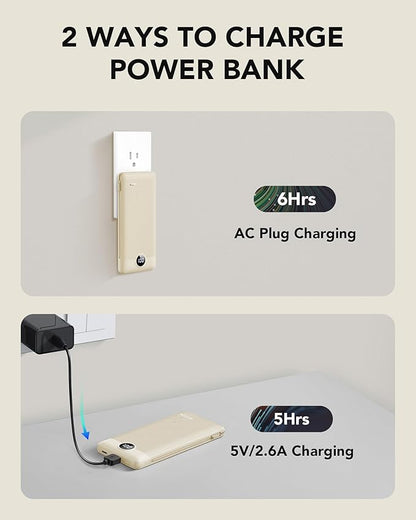Portable Charger Built-in Cables and AC Wall Plug, USB C Power Bank 10000mAh, Travel Battery Portable Phone Charger Compact Lightweight External Battery Pack for Smart Phones, Tablets etc-Light Coffee