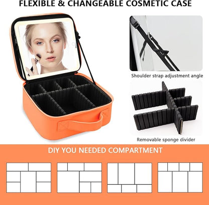 Travel Makeup Bag for Makeup Artists Large Makeup Case,with Mirror 3 Color Setting and Detachable 10x Magnifying Mirror Travel Makeup Bag,Portable Storage and Adjustable Dividers （orange）