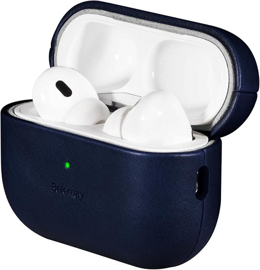 Belemay Handcrafted Full-Grain Vegetable-Tanned Leather Case for AirPods Pro 3rd Gen (2025), Classy Two-Tone Effect, Natural Patina, Compatible with MagSafe, Compatible with Airpods Pro 3, Navy Blue