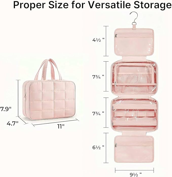 Travel Toiletry Bag for Women,Portable Hanging Travel Bag Cosmetic Jewelry Organizer,Makeup Bag for Toiletries,Full Sized Shampoo,Conditioner,Pink
