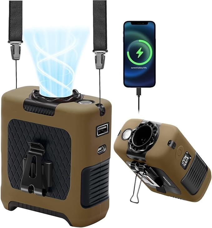 Portable Fan Wearable Personal Fan with 5 Speed Max 55 Working Hours Low Noise Portable Neck Fans Cooling Waist Fans for Camping Traveling LED Power Display 10000mAh Rechargeable (Brown)