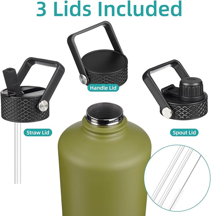 Gallon Insulated Water Bottle with Straw,128 oz 3 Lids Water Jug with Carrying Bag,Paracord Handle, Double Wall Vacuum Stainless Steel Metal Flask,Forest Green