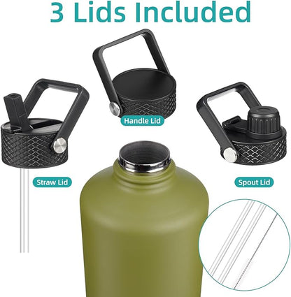 Gallon Insulated Water Bottle with Straw,128 oz 3 Lids Water Jug with Carrying Bag,Paracord Handle, Double Wall Vacuum Stainless Steel Metal Flask,Forest Green