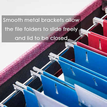 PRANDOM File Organizer Box - Set of 4 Collapsible Decorative Linen Filing Storage Hanging File Folders with Lids Office Cabinet Letter Size Pink (14x9.3x10.8 inch)