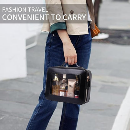 Pinkmik Clear Makeup Bag for Women Waterproof Travel Cosmetics and Toiletries Case Portable Makeup Oaganizer Bag Clear Car Bag with Zipper (Black, M+L-1)