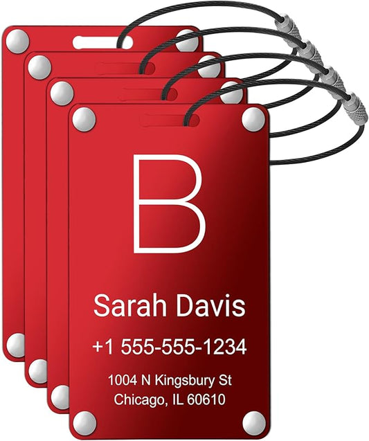 Luggage Tags for Suitcases 4 Pack: Personalized Luggage Tags for Backpacks & Bags Tags with Coustomizable Texts (Red)