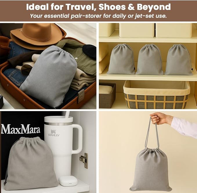 LFH Cotton Rich Shoe Storage Bags with Drawstring, Dustproof Breathable Reusable Organizer, Perfect For Travel, Dorm, Hotel, College, Gym, Easy to Carry, Machine Washable 12"x17" (Pack of 6) - Grey