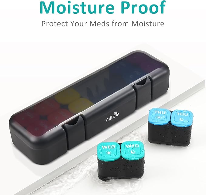 Fullicon Moisture-Proof Pill Organizer 2 Times a Day, Weekly Pill Boxes & Organiser with Silicone Lids, Large Capacity AM PM Pill Organizer 7 Day, Travel Pill Case for Vitamins (Black Rainbow)