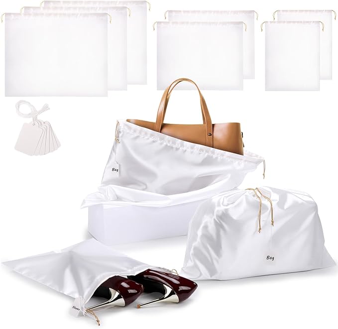 Ewen 7Pcs Dust Bags for Handbags, Satin Travel Dust Cover Bag, 2Pack 11.8x15.7in DustBag for Shoes, 2Pcs 19.6x15.7in Storage, Pack of 3 23.6x19.6in Bag for Purse, White Silk Cloth Bags with Drawstring