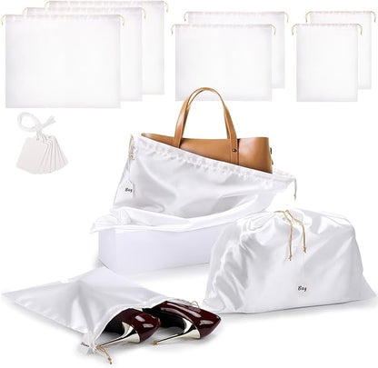 Ewen 7Pcs Dust Bags for Handbags, Satin Travel Dust Cover Bag, 2Pack 11.8x15.7in DustBag for Shoes, 2Pcs 19.6x15.7in Storage, Pack of 3 23.6x19.6in Bag for Purse, White Silk Cloth Bags with Drawstring