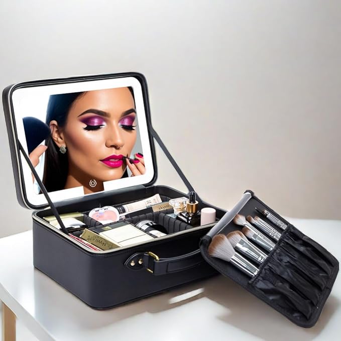 Travle Makeup Bag with LED Mirror, Portable Makeup Artist Organizer Case with Lighted Mirror, Makeup Bag with Adjustable Dividers, Cosmetic Brush Storage Box for Women Gift