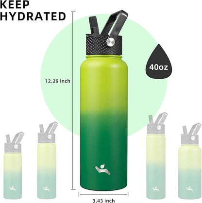 40oz Insulated Water Bottle Stainless Steel Sport Bottles with 3 Lids,Bamboo Grove