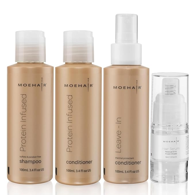MOEHAIR Travel Kit (Protein Shampoo, Conditioner, Leave-In Conditioner & Hair Serum), Sulfate & Paraben Free | Suitable for All Hair Types