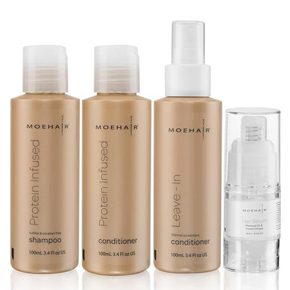 MOEHAIR Travel Kit (Protein Shampoo, Conditioner, Leave-In Conditioner & Hair Serum), Sulfate & Paraben Free | Suitable for All Hair Types