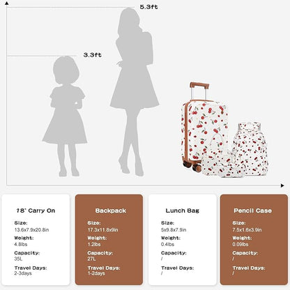 Somago 4 Piece Kid's Luggage with Backpack Set for Boys Girls Spinner 18" Hardside PC Rolling Carry on Suitcase with TSA Lock, Cherry White