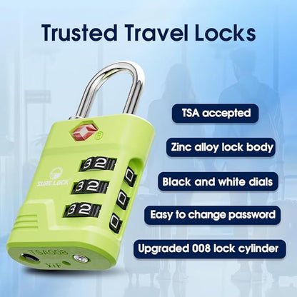 SURE LOCK TSA Locks for Luggage, TSA Approved Luggage Locks with Open Alert, 008 Key for High Security, Easy Read Dials, Zinc Alloy Body, Locker Lock for Suitcase, Gym, Travel. (Green 4 pk)