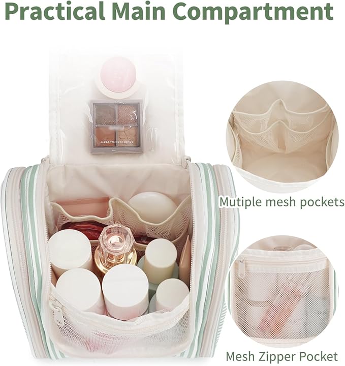 Narwey Small Striped Hanging Travel Toiletry Bag for Women, Travel Bag for Toiletries, Makeup Bag Organizer Cosmetic Bags Make Up Bags for Women (Mint Green Stripe)