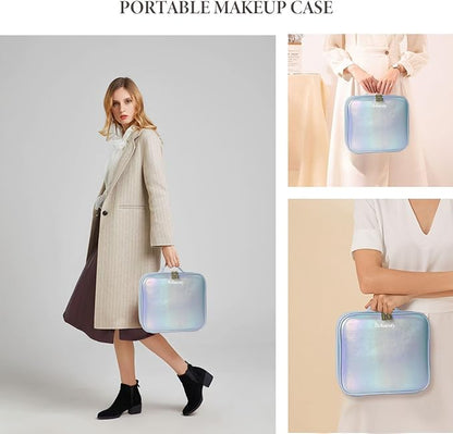 Travel Makeup Bag with LED Lighted Mirror, Cosmetic Makeup Organizer Bag with 3 Color Setting, Makeup Train Case with Adjustable Dividers for Women Makeup Brushes Jewelry Accessories