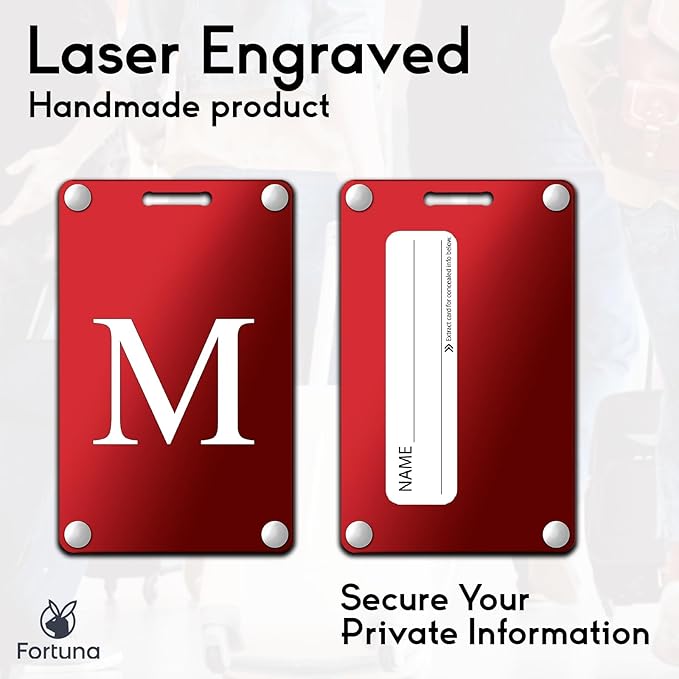 Premium 3-Layer Aluminum Luggage Tags by Fortuna - Easy to Claim, Laser-Engraved, Plastic-Free, and Eco-Friendly Luggage Tag Holders, 2-Pack, Red (M)