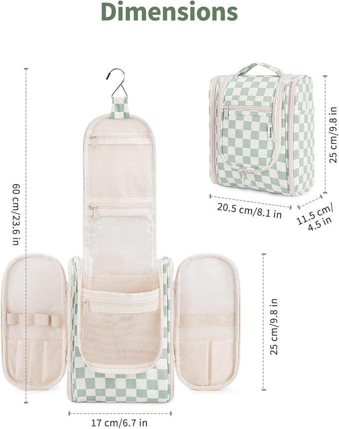 Narwey Small Checkered Hanging Travel Toiletry Bag for Women, Travel Bag for Toiletries, Makeup Bag Organizer Cosmetic Bags Make Up Bags for Women (Mint Green Checkerboard)