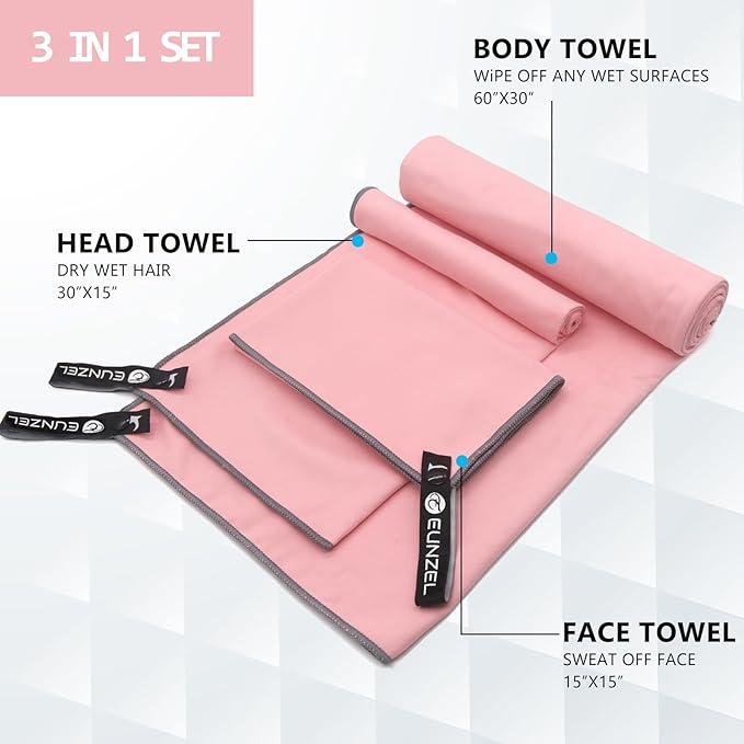 Eunzel Quick Dry Camping Towel, Microfiber Travel Towel 3 Size at 1 Pack,Fast Drying Towel Set for Camping, Beach, Gym, Sports, Yoga & Swimming Pool, Pink