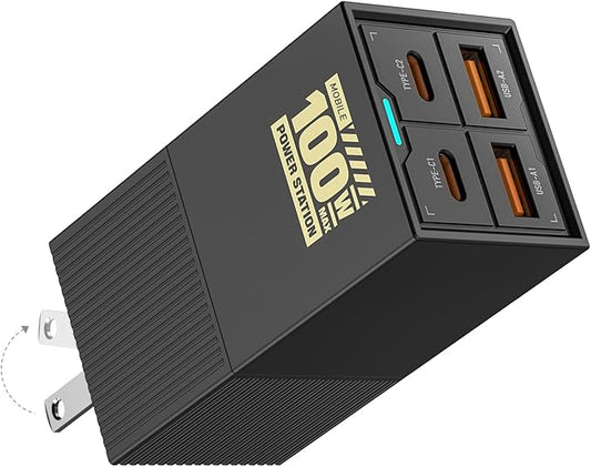 MFish 100W USB C Charger, Foldable Fast Laptop GaN Charger, 4-Port USB C Wall Charger Power Adapter Ports for MacBook Pro 17, 16'', Dell XPS, iPhone 17/16/15 Pro Max, 6-in-1 Power Strip