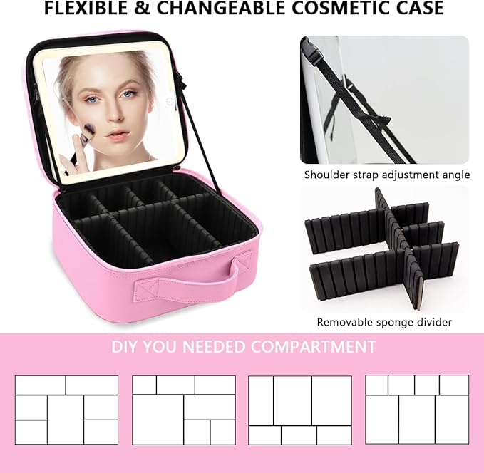Travel Makeup Bag for Makeup Artists Large Makeup Case,with Mirror 3 Color Setting and Detachable 10x Magnifying Mirror Travel Makeup Bag,Portable Storage and Adjustable Dividers（Dark Pink）