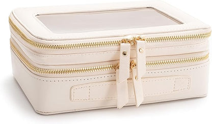 Aveniee Clear Makeup Bags, Double Layer Cosmetic Case with Separate Brush Compartment, Large Toiletry Organizer for Women, Travel Accessories Holder(2 Layers Large, White)
