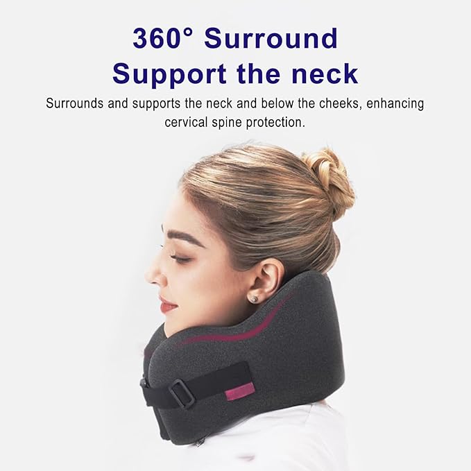 Memory Foam Travel Neck Pillow 360 Support for Airplane, Adjustable Neck Pillow for Travel with 3D Eye Mask, Earplugs & Portable Bag, Office Car Nap Pillow (Grey)