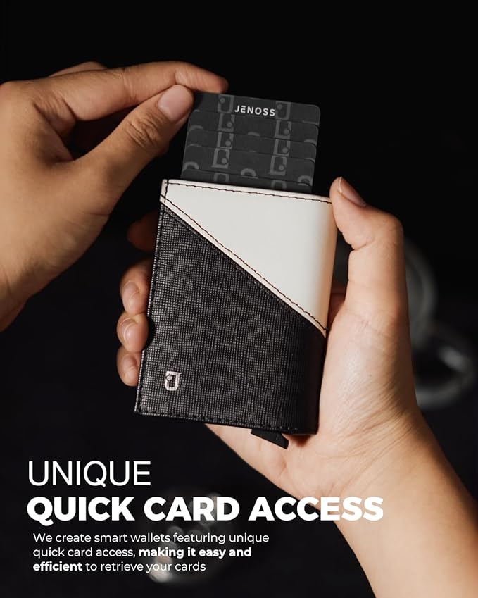 Jenoss Smart Wallet For Men: Full Grain Leather, Handcrafted, Slide Metal Pop Up Case, Slim RFID Blocking Credit Card Holder, Minimalist, Compact 12 Cards Slot Organizers, ID, Money Clip (Black&Cream)